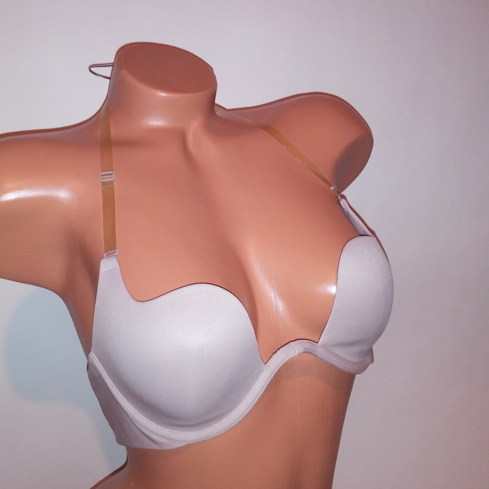 Venus Bra 36B Deep Plunge Clear Strap Halter Lightly Lined Beige Solid Underwire